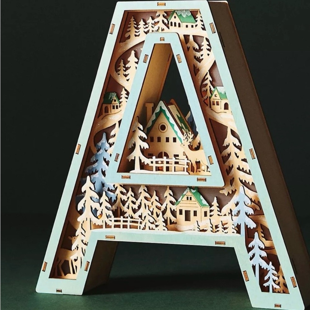 Decorative Wooden Letter A with Forest Scene